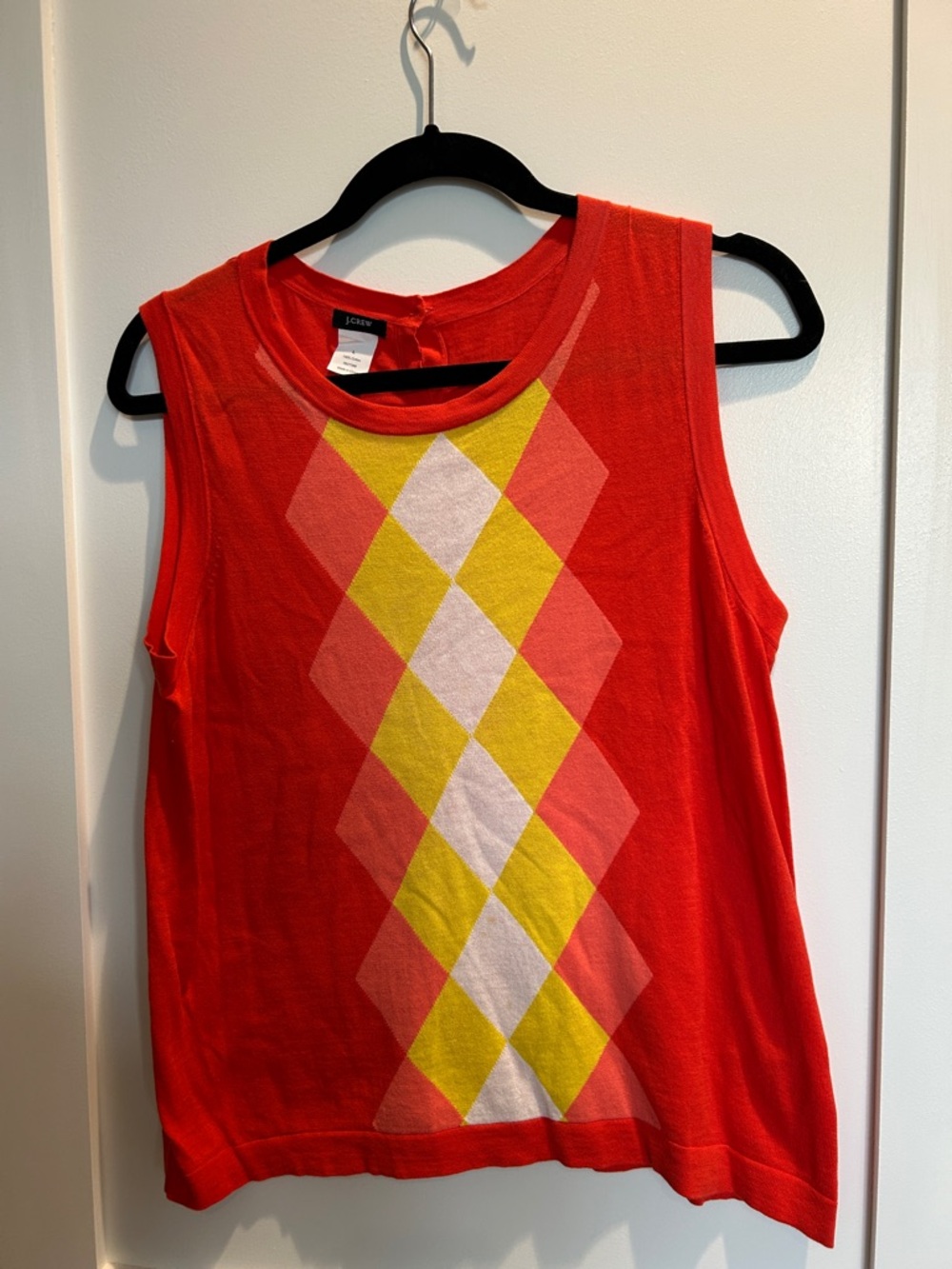 J. Crew Red Argyle Knit Tank with Yellow and Pink Diamonds